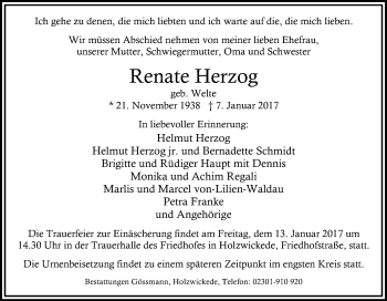 Traueranzeige von Renate Herzog von Tageszeitung