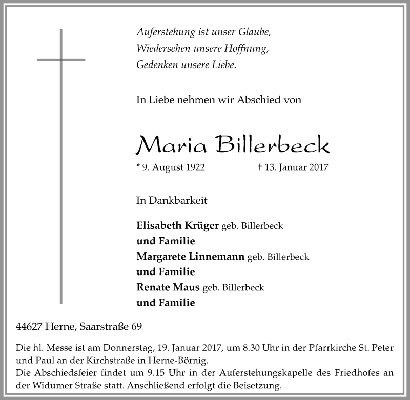  Traueranzeige für Maria Billerbeck vom 17.01.2017 aus Tageszeitung