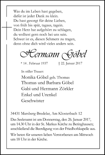 Traueranzeige von Hermann Göbel von Tageszeitung