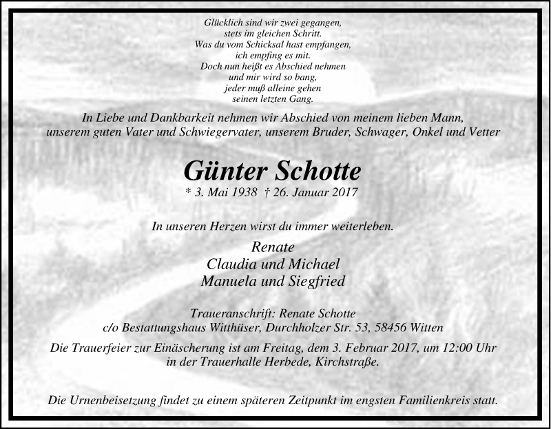  Traueranzeige für Günter Schotte vom 30.01.2017 aus Tageszeitung