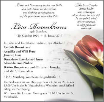 Traueranzeige von Cordula Rosenkranz von Tageszeitung