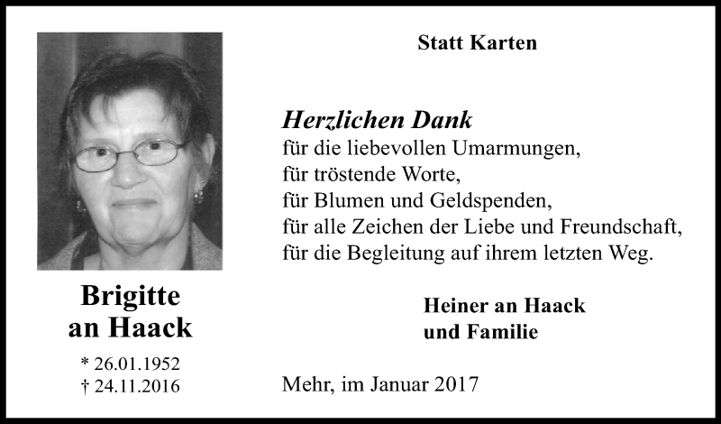  Traueranzeige für Brigitte an Haack vom 25.01.2017 aus Tageszeitung