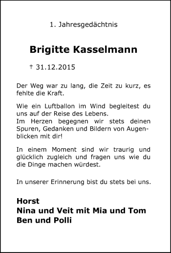 Traueranzeige von Brigitte Kasselmann von Tageszeitung