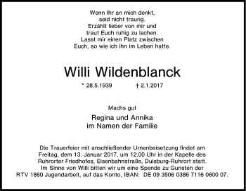 Traueranzeige von Willi Wildenblanck von Tageszeitung