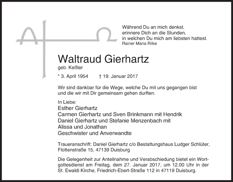  Traueranzeige für Waltraud Gierhartz vom 24.01.2017 aus Tageszeitung