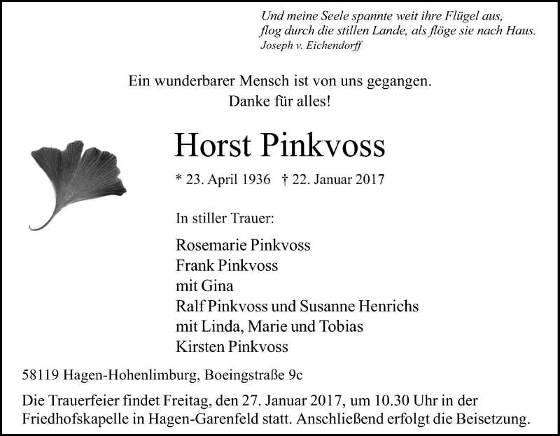  Traueranzeige für Horst Pinkvoss vom 24.01.2017 aus Tageszeitung