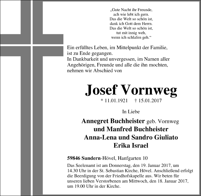  Traueranzeige für Josef Vornweg vom 17.01.2017 aus Tageszeitung