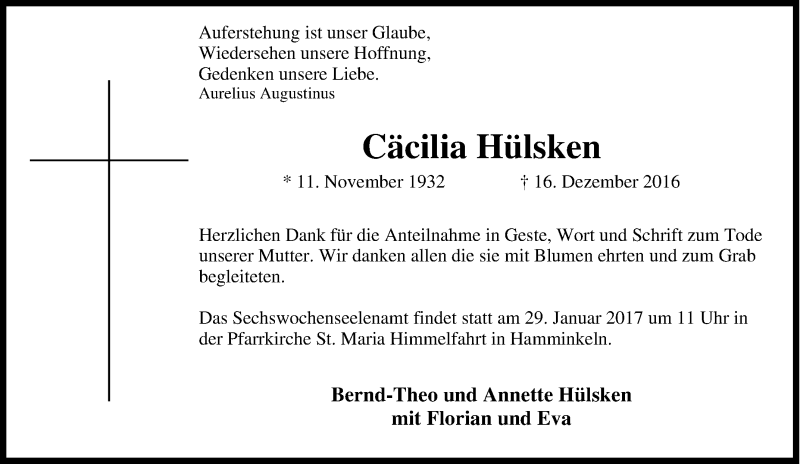  Traueranzeige für Cäcilia Hülsken vom 21.01.2017 aus Tageszeitung