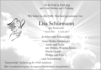 Traueranzeige von Lisa Schürmann von Tageszeitung