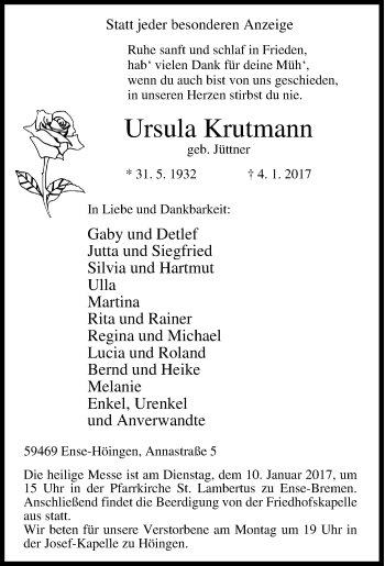 Traueranzeige von Ursula Krutmann von Tageszeitung