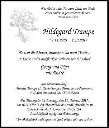 Traueranzeige von Hildegard Trampe von Tageszeitung