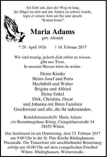 Traueranzeige von Maria Adams von Tageszeitung