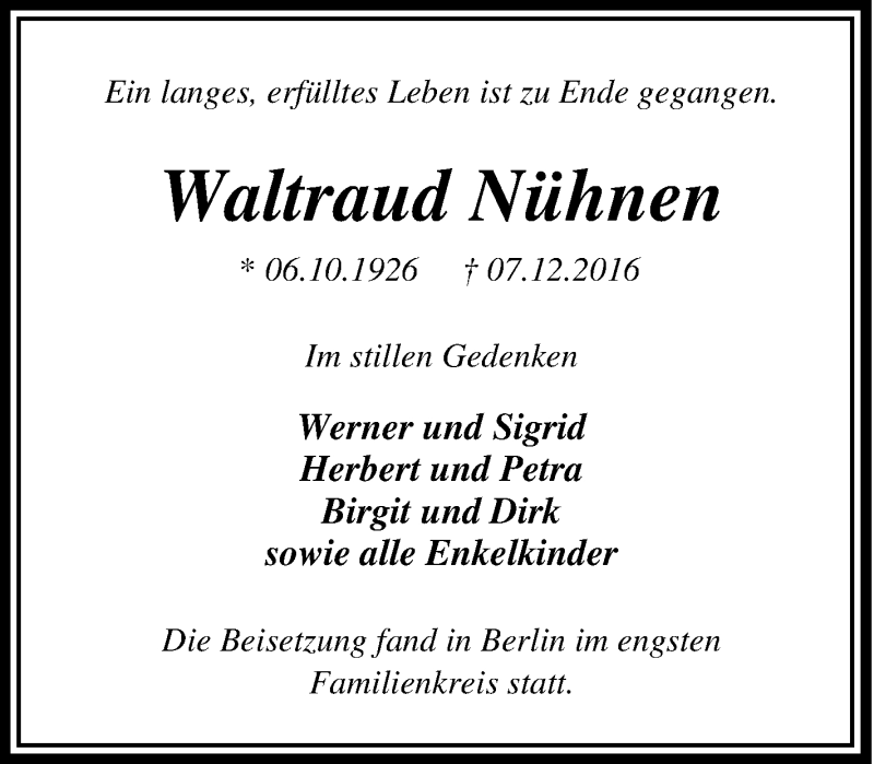  Traueranzeige für Waltraud Nühnen vom 11.02.2017 aus Tageszeitung
