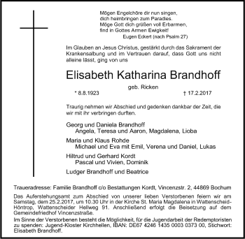 Traueranzeige von Elisabeth Katharina Brandhoff von Tageszeitung