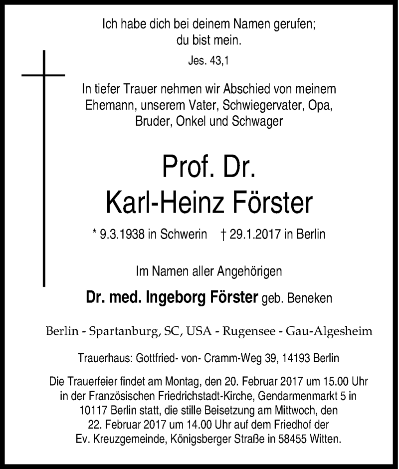  Traueranzeige für Karl-Heinz  Förster vom 18.02.2017 aus Tageszeitung