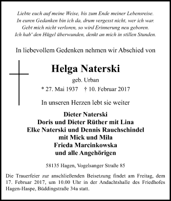 Traueranzeige von Helga Naterski von Tageszeitung