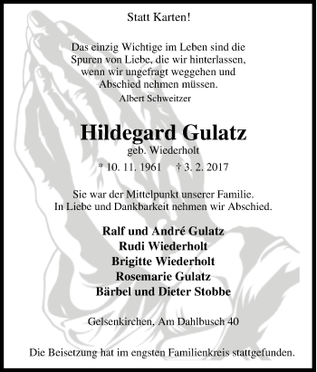 Traueranzeige von Hildegard Gulatz von Tageszeitung