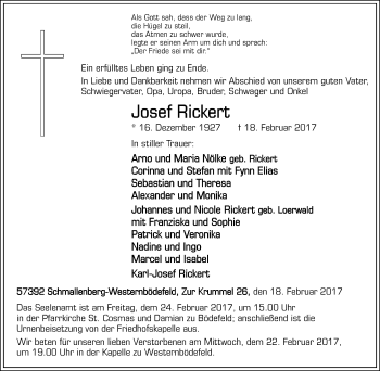 Traueranzeige von Josef Rickert von Tageszeitung