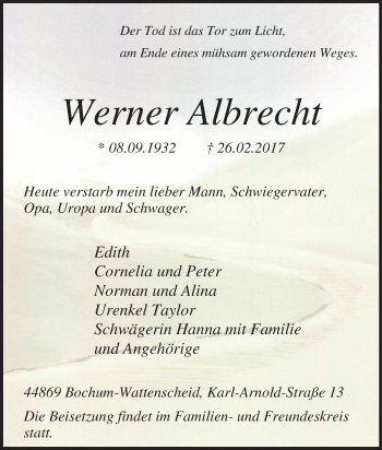 Traueranzeige von Werner Albrecht von Tageszeitung