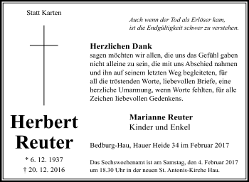 Traueranzeige von Herbert Reuter von Tageszeitung