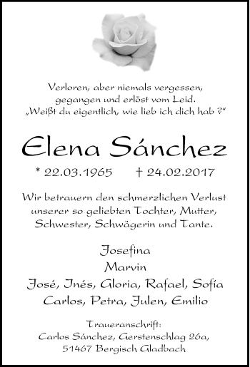 Traueranzeige von Elena Sánchez von Tageszeitung