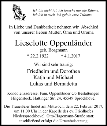 Traueranzeige von Lieselotte Oppenländer von Tageszeitung