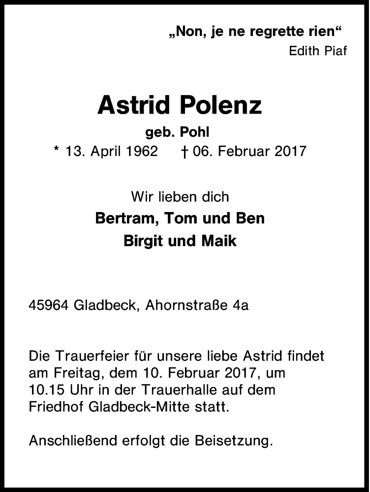  Traueranzeige für Astrid Polenz vom 08.02.2017 aus Tageszeitung