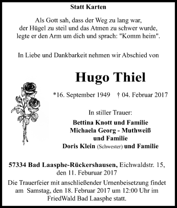 Traueranzeige von Hugo Thiel von Tageszeitung