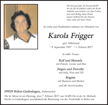 Traueranzeige von Karola Frigger von Tageszeitung
