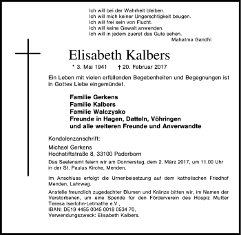 Traueranzeige von Elisabeth Kalbers von Tageszeitung