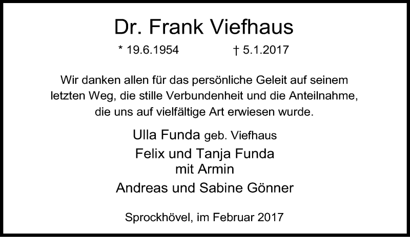 Traueranzeige für Frank Viefhaus vom 25.02.2017 aus Tageszeitung