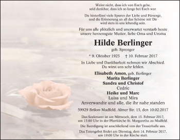 Traueranzeige von Hilde Berlinger von Tageszeitung