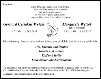 Traueranzeige von Gerhard und Margarete Wetzel von Tageszeitung