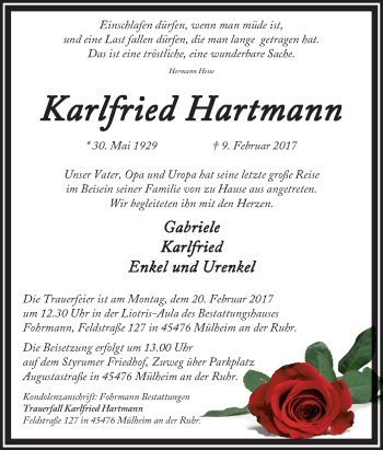 Traueranzeige von Karlfried Hartmann von Tageszeitung