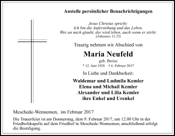 Traueranzeige von Maria Neufeld von Tageszeitung