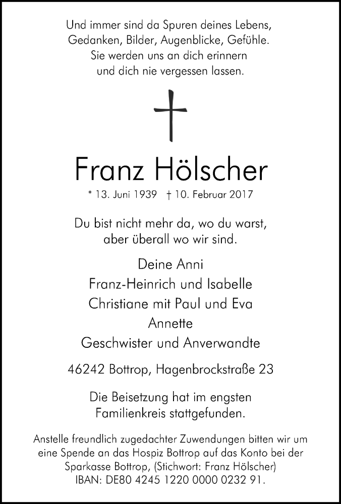  Traueranzeige für Franz Hölscher vom 22.02.2017 aus Tageszeitung