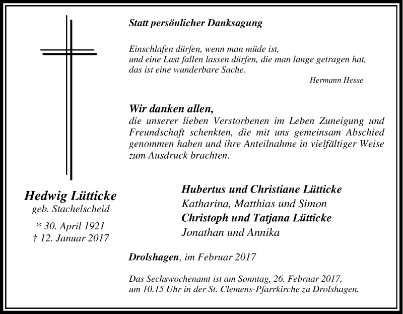  Traueranzeige für Hedwig Lütticke vom 22.02.2017 aus Tageszeitung