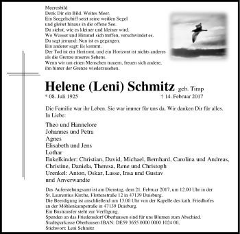 Traueranzeige von Helene Schmitz von Tageszeitung