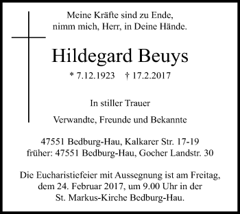 Traueranzeige von Hildegard Beuys von Tageszeitung