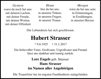Traueranzeige von Hubert Strasser von Tageszeitung