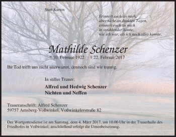 Traueranzeige von Mathilde Schenzer von Tageszeitung