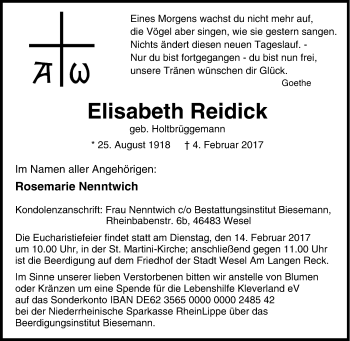 Traueranzeige von Elisabeth Reidick von Tageszeitung