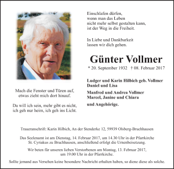 Traueranzeige von Günter Vollmer von Tageszeitung