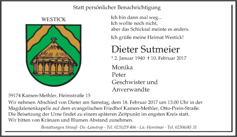  Traueranzeige für Dieter Sutmeier vom 15.02.2017 aus Tageszeitung