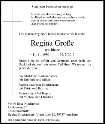 Traueranzeige von Regina Große von Tageszeitung