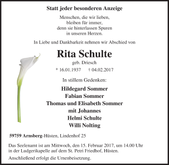 Traueranzeige von Rita Schulte von Tageszeitung