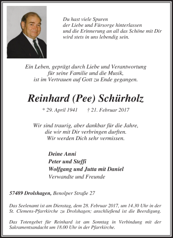 Traueranzeige von Reinhard  Schürholz von Tageszeitung