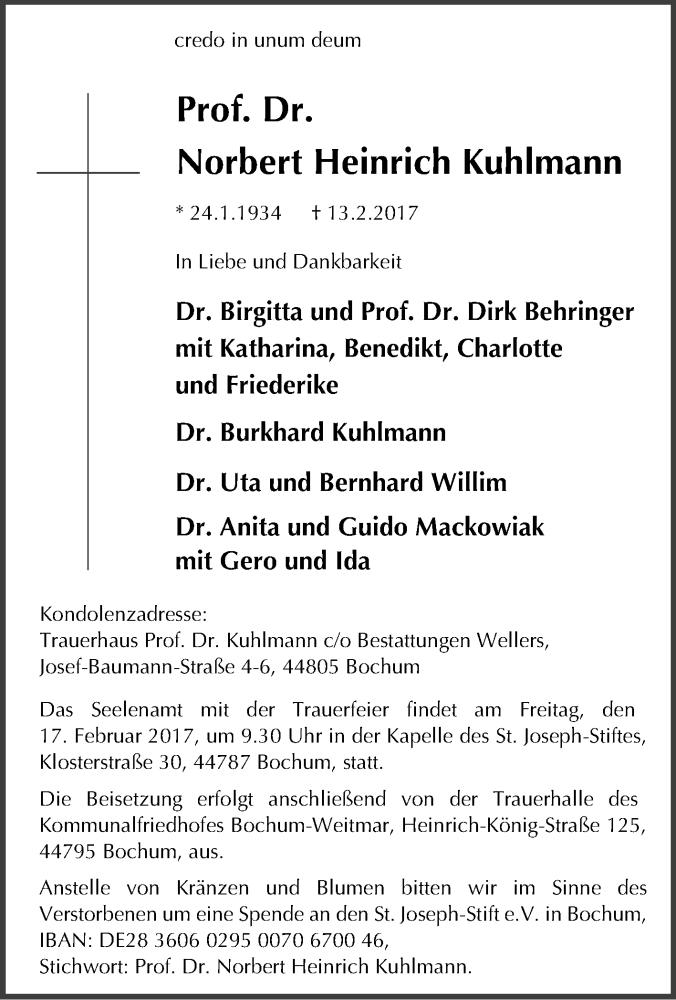  Traueranzeige für Norbert Heinrich Kuhlmann vom 15.02.2017 aus Tageszeitung