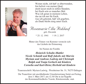 Traueranzeige von Rosemarie Ella Rohlauf von Tageszeitung