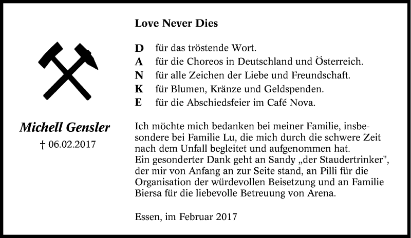  Traueranzeige für Michael (Ruhrmichell) Gensler vom 25.02.2017 aus Tageszeitung